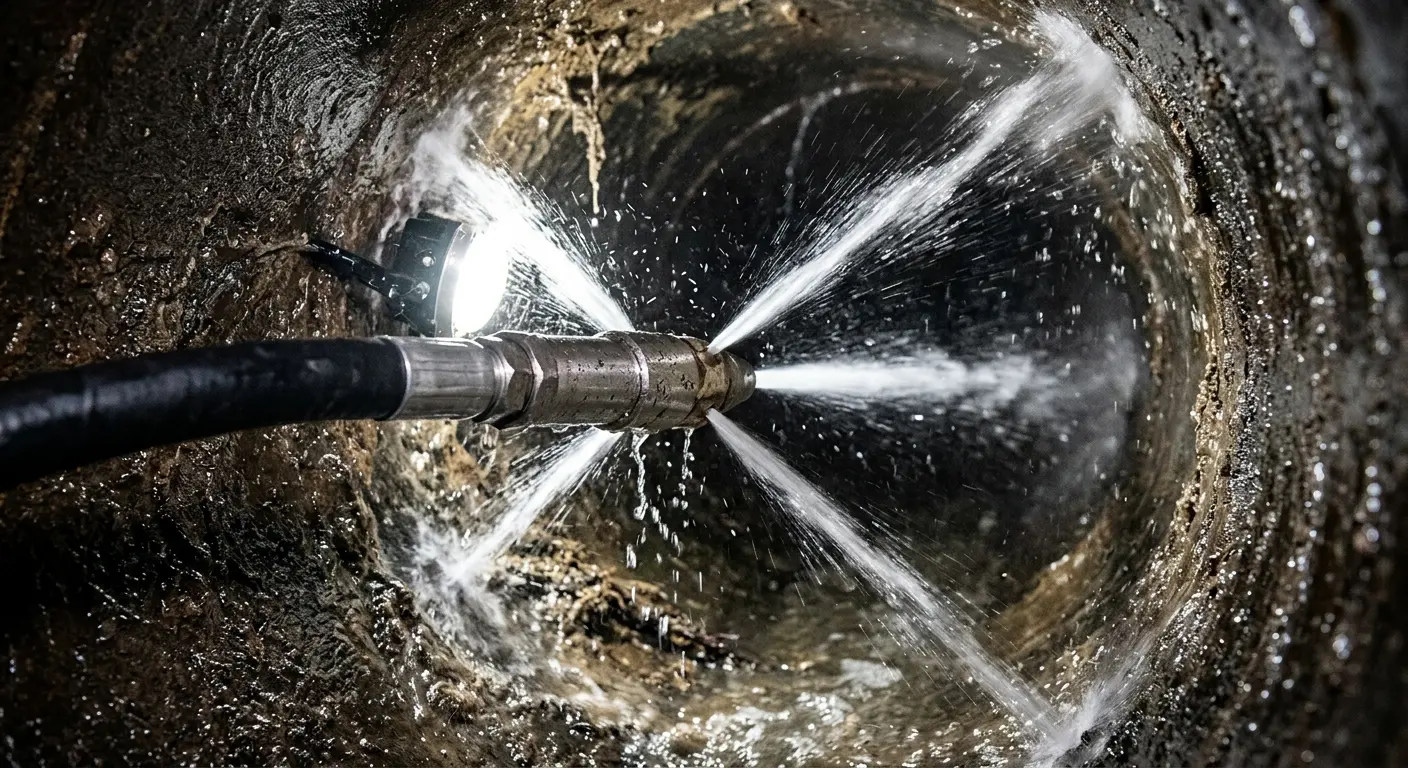 High-pressure hydro jetting nozzle cleaning sewer pipe for Sewer Cleanout in Westtown