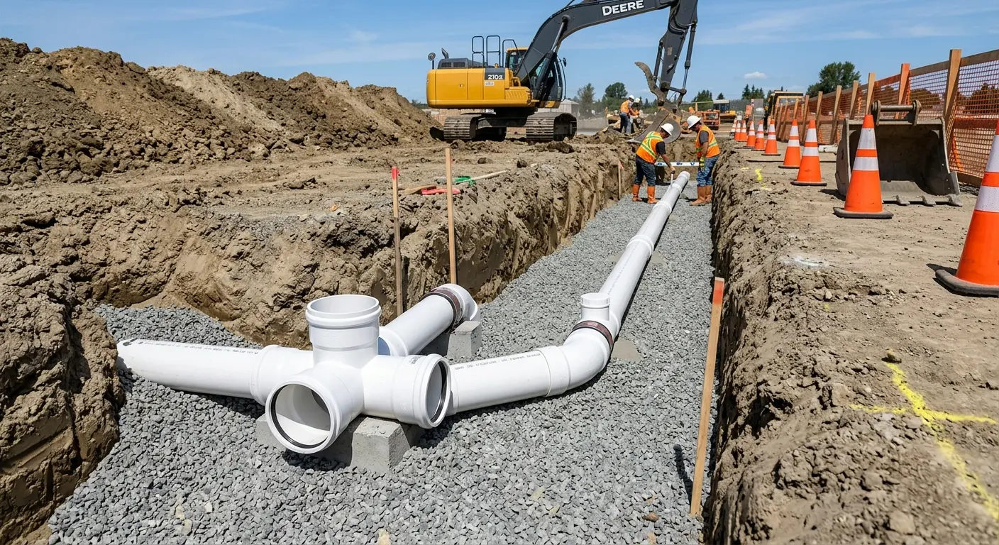 New PVC sewer pipe installation in open trench for Sewer Backup in Westtown