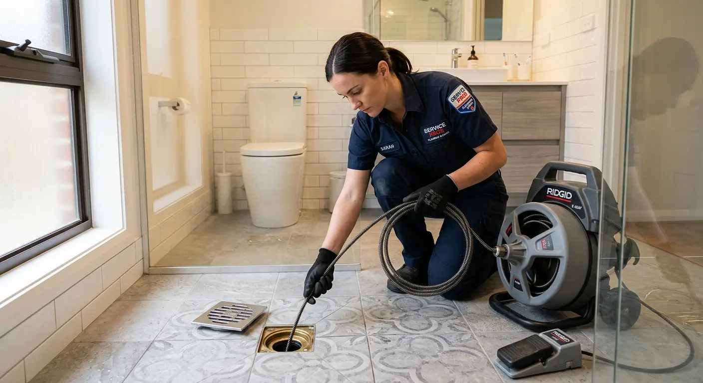 Technician clearing a bathroom floor drain for Hydro Jetting in Westtown
